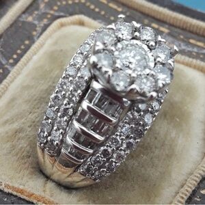 2 Carat natural baguette and round diamond silver size 6 ring